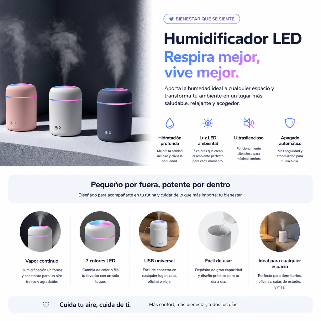 💧 Humidificador LED Ultrasilencioso