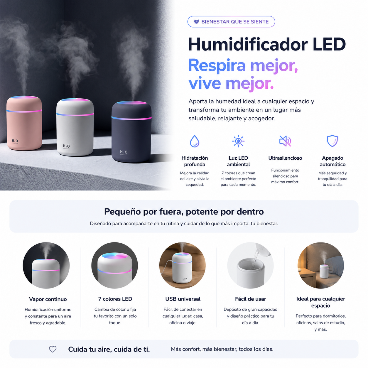 💧 Humidificador LED Ultrasilencioso