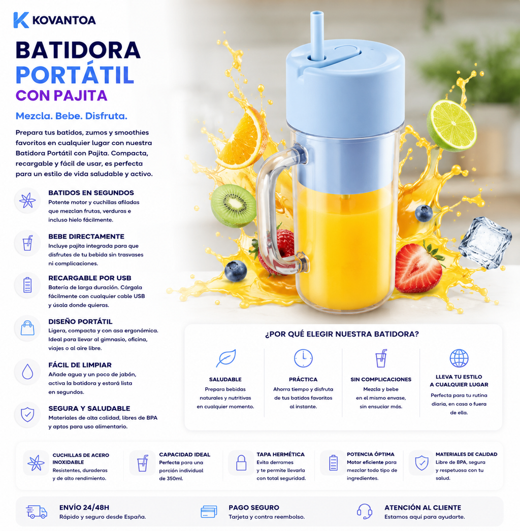 🥤 Batidora Portátil con Pajita